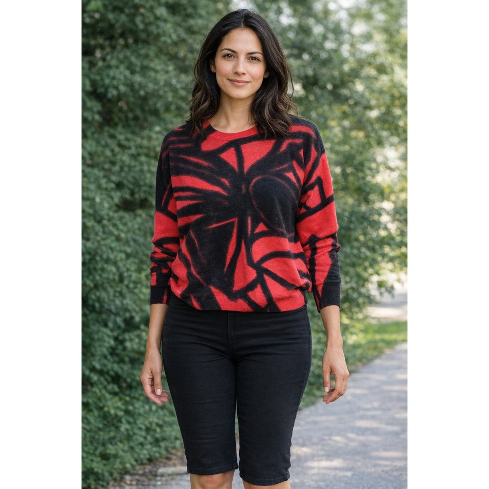 DKNY Red Black Abstract Graphic Crewneck Sweater‎ Womens Medium Streetwear Knit